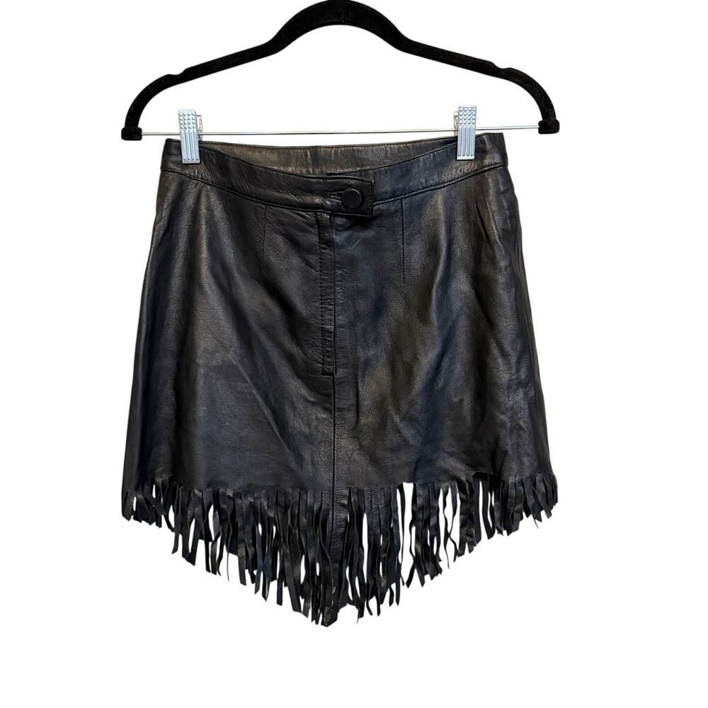 Reem Asymmetrical Skirt 40 Black Mini Genuine Leather Fringed Boho Western Rodeo
